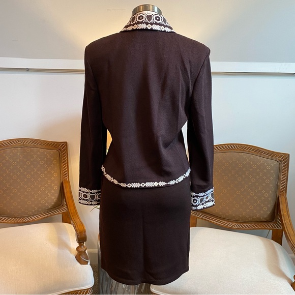 Vintage St. John Chocolate Brown Knit Skirt Set with Beaded Jacket, Size Medium - Picture 2 of 13